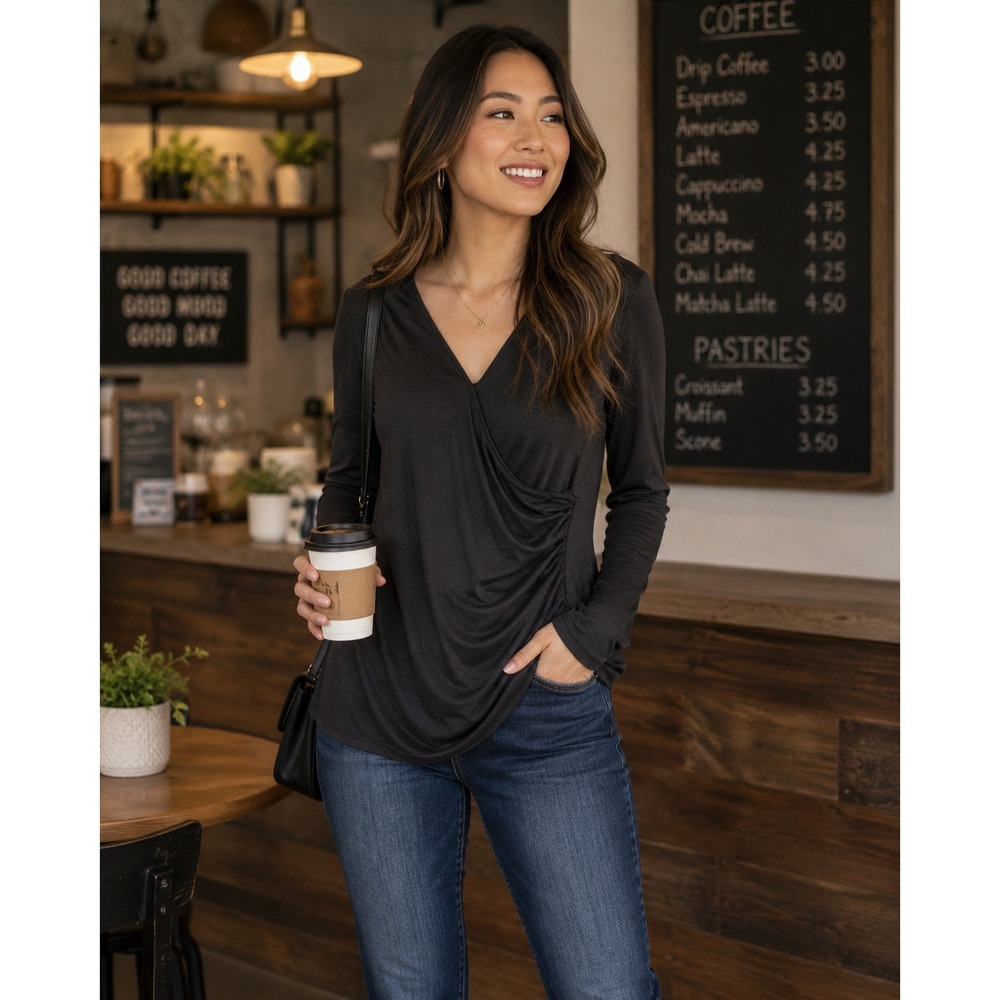 EasyGala Womens XL Black Long Sleeve Wrap V-Neck Ruched Side Top NO.001